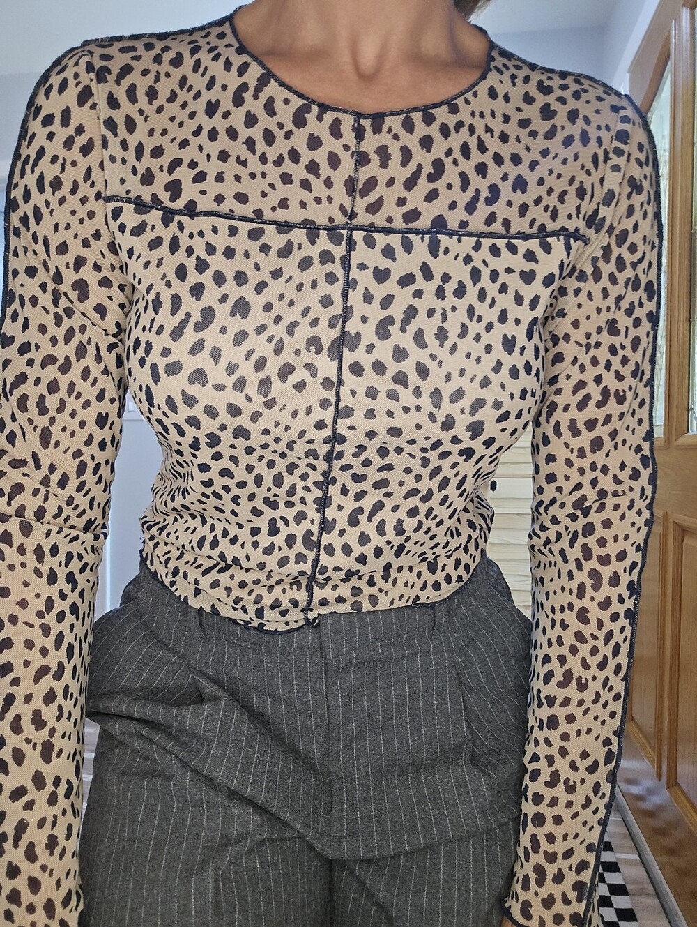 Leopard-Print Mesh Long Sleeve Top in Beige and Black